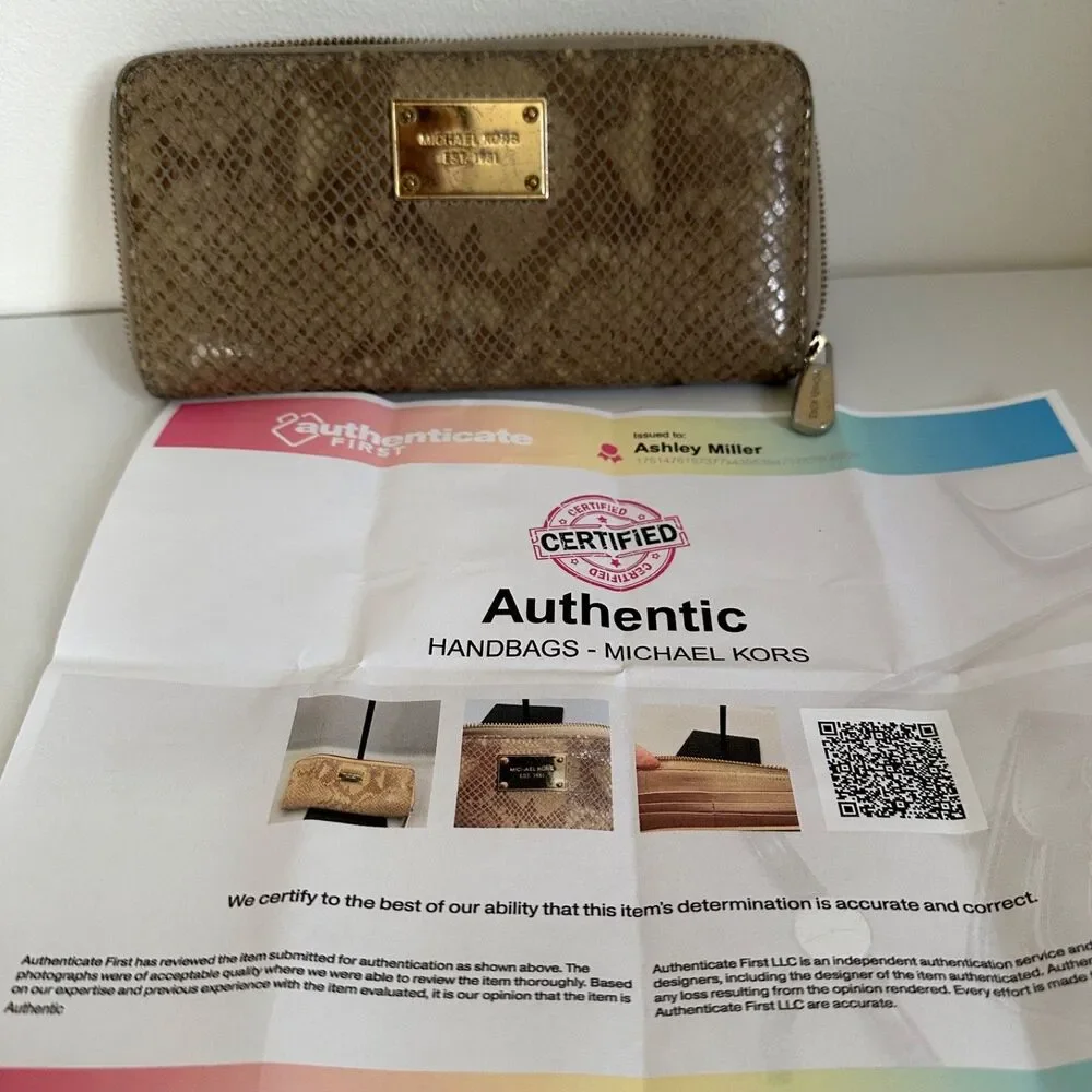 Michael Kors Women Grey Snake skin Zip Around Continental Wallet Golden Hardware